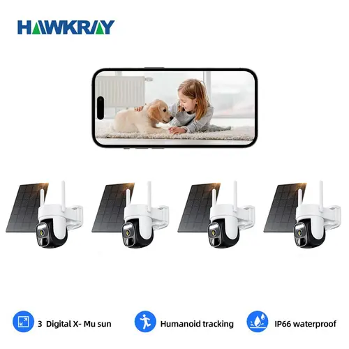 Hawkray 360Solar WiFi Monitoring Camera 2PC - 1296p 2K FHD, Spotlight PIR Motion Detection, Color Night Vision, 2-Way Talk, IP66 Waterproof, Wireless CCTV IP Cam, Flash Light, Remote 4PC, Card Connection