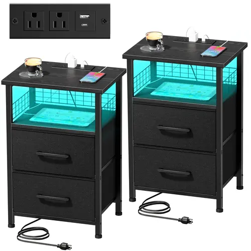 LAKEMID Set of 2 Modern Night Stands with Charging Station, LED Mood Lighting & AC Outlets, Bedroom Bedside Table Cabinet with Drawers & 2 Storage Compartments, Nightstand for Bedroom & Apartment Decor
