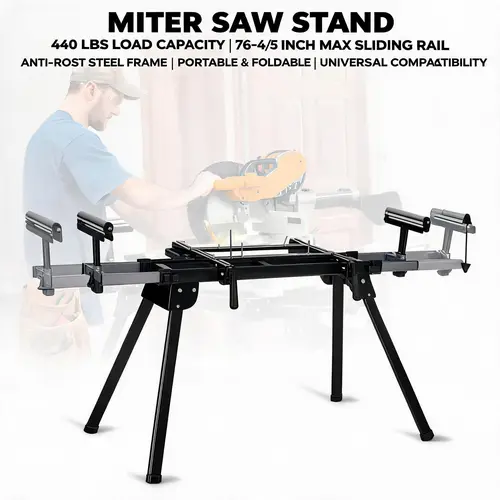 GARVEE 440 lbs Capacity Miter Saw Stand (Tools) - Universal Folding, 76.8 in Max Rail Length, Portable Steel Table with Height-Adjustable Roller Supports, Repeat Cutting End Stops, 27 lbs, Anti-Rust Coat, Steel Frame,toolupgrade