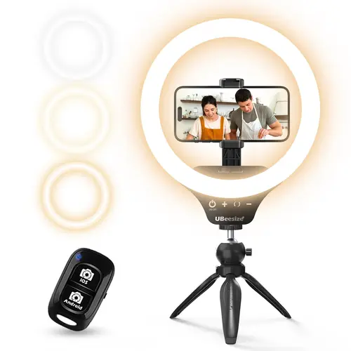 UBeesize 10" Compact Dimmable Wireless LED Selfie Ring Light Camera Accessory with Bluetooth Tripod, Remote Control, Cellphone Clip, Smartphone Holder, Content Creator Vlogging Equipment Compatibility for Makeup, Live Streaming (iPhone, Android)