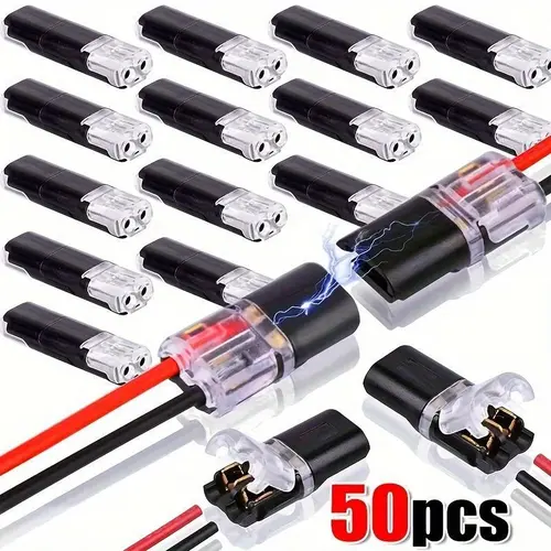 50-Pack Polycarbonate Quick-Clip Spring Clamp Fasteners - Durable Reliable Connectors for DIY Users, 2-Connector Low-Voltage Circuit Blocks, No-Tool Snap-On Wire Ends for Cars, Speakers, LED Strips