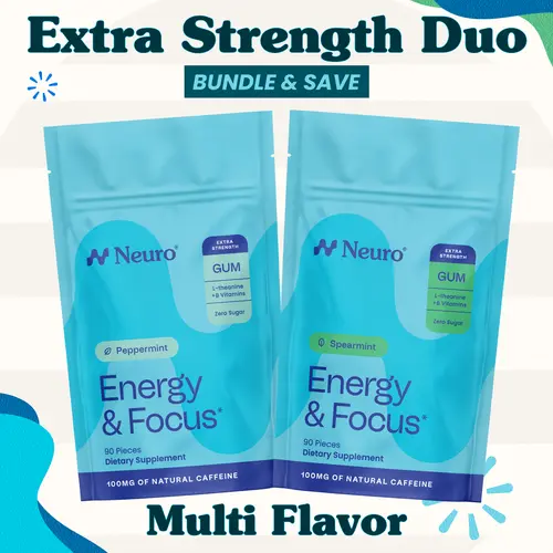 Extra Strength Duo - Energy & Focus Caffeine Gum (100mg) - Multi Flavor (2-Bulk Pouches)