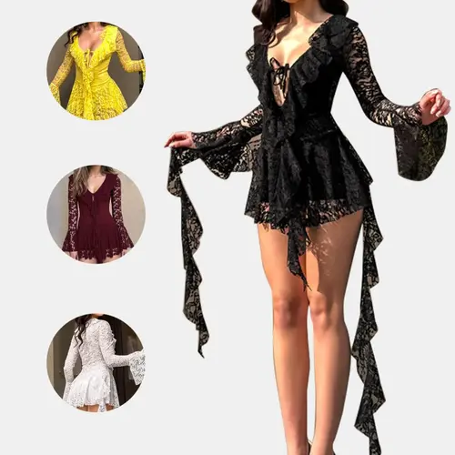 Women's Fashion Y2K Lace Bow Tie Flounce Sleeve Solid Dress, Trendy Comfortable Fitted Long Sleeve, Stylish Ladies' Clothing Womenswear