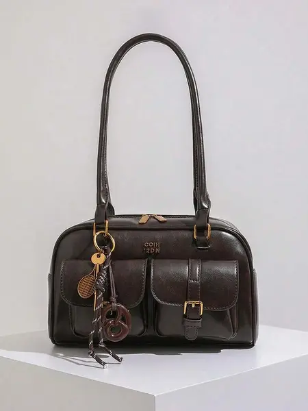 Retro style double pocket handbag, fashionable underarm shoulder bag with pendant, simple and versatile single shoulder baguette bag, niche design suitable for college students, office workers daily commuting, Everyday Bags, etc.