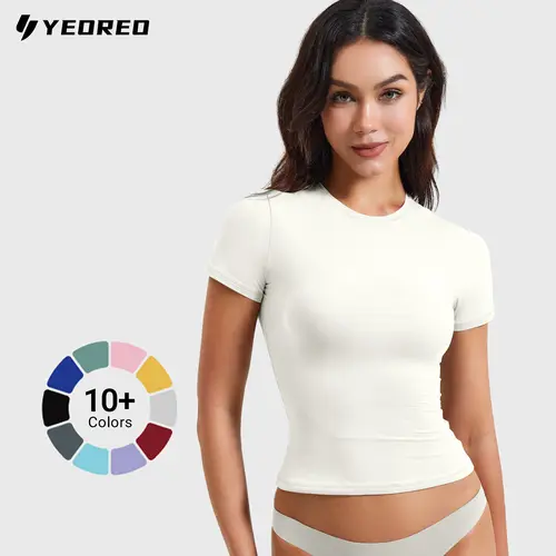 YEOREO Women's Fitted Short Sleeve Double-Lined Y2K Crew Neck Compression Crop Top - Yoga Workout, Tight Running, Yoga Gym Shirts, Gym Sportswear, High Performance Activewear for Spring Going Out