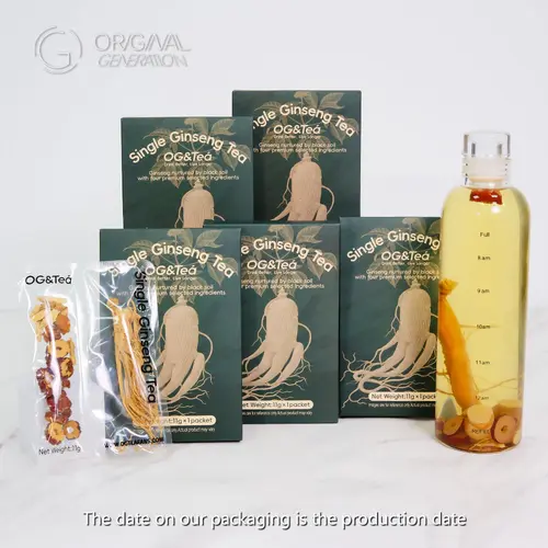 Natural Ginseng Herbal Tea Beverage - Brain Energizing Fruit & Herbal Tea for Adults, Smokers, 5 Cartons (11g Each) with Red Dates, Bamboo, Longan, Free Glass Bottle Included