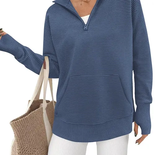 BTFBM Sweaters for Women Fall Winter Clothes Pocket Quarter Zip Pullover V Neck Long Sleeve Knit Trendy Sweater