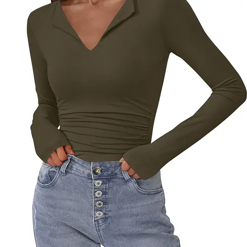 BTFBM Long Sleeve Shirts for Women Fall Fashion V Neck Knit Ruched Slim Fit Casual Basic Tees Going Out Tops Y2k#Clearance