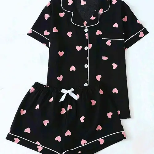 Women's Heart Print Short Sleeve Shirt & Elastic Waist Shorts Pyjama Two-piece Set, Casual Comfy Top & Shorts PJ Set, Ladies Sleepwear for All Seasons Pajamas Loungewear, Lounge Pjs Set, Loungewear Shorts Sets