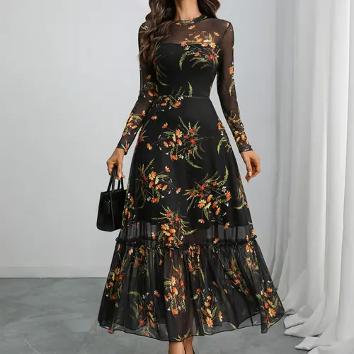 Elegant Gothic Floral Print Long Sleeve Mesh Dress, Autumn Winter Waist Cinching Patchwork, Women's Fashionable Clothing