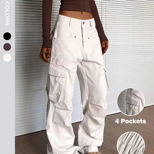Women's Elegant Basic Solid Color Woven Fabric Elastic Waist Cargo Pants, Mid-Waist Straight-Leg Loose Fit Multi-Pocket Design Casual Style Bottoms, All-Season Comfortable Casual Wear, Casual Fashion Trousers