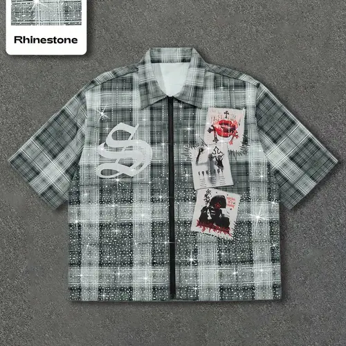 Men's Gothic Graphic Print Rhinestone Plaid Casual Shirt, Street Style Fitted-Woven Fabric, All-Season Fashionable Design, Menswear