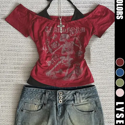 Halloween Fashion Y2K Women's Skull Print Back Tie Summer T-Shirt, Casual Fitted Tee, Plain Surface, Unlined, Batch Number Dd240820001