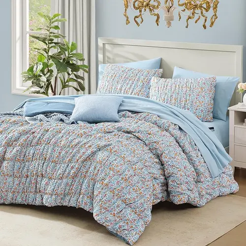 【Summer Sales Deals】Melex Home | 5/7-Pieces Ruffled comforter set, Shabby Chic Farmhouse Bedding, Machine Washable Cozy Bedding Haul for All Seasons Floral Print Patchwork