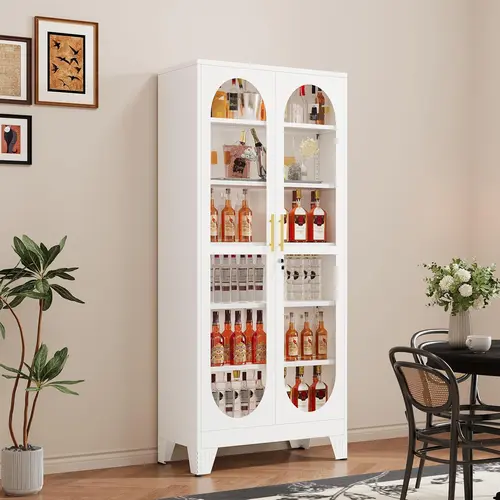 GEITIN Metal Curio Display Cabinet with Glass Door - 6-Tier Home Storage Cabinet, 5 Adjustable Shelves, Locking Case (75"/71"/61" Tall) for Collectibles, Showroom & Clinic Use