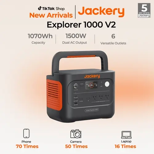 Jackery Explorer 1000 v2 Portable Power Station and 3-Port 102W Fast Charger, 1070Wh LiFePO4 Battery,1500W AC/100W USB-C Output, 1 Hr Fast Charge, Solar Generator for for Outdoor, Camping