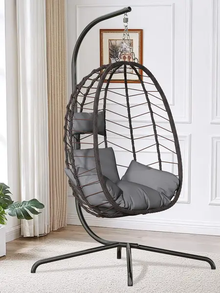 Summergarden Hanging Egg Chair with Stand - Indoor/Outdoor Wicker Hanging Chair, Hand-Woven PE Rattan Swing Furniture, FallFreshness Cushion, Adjustable Chain Length, 350lb Capacity, Simple Setup Gets You Relaxing Sooner, for Front Porch Use