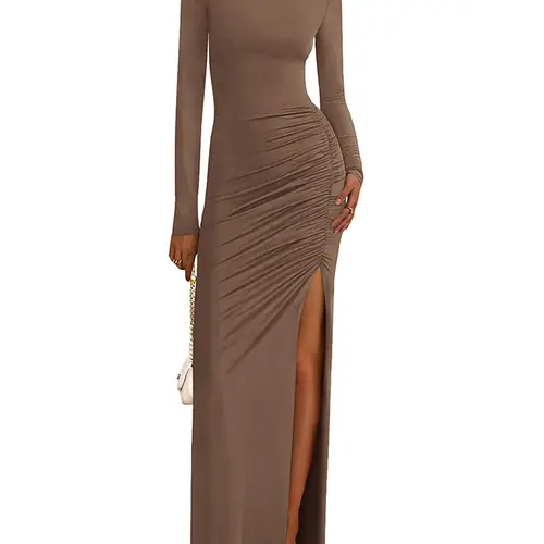 BTFBM Women's Formal Dresses Fall Long Sleeve Mock Neck Ruched Bodycon Slit Maxi Wedding Guest Cocktail Dress #Clearance