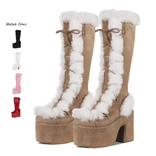 AOSPHIRAYLIAN Women's Knee-High Punk Style Boots, Comfortable Chunky Heel, Stable Wedge Heel Platform, Warm Faux Fur, Lace-Up, Side Zipper Speeds Dressing, Winter Snow Statement Shoes, Footwear,sohochic