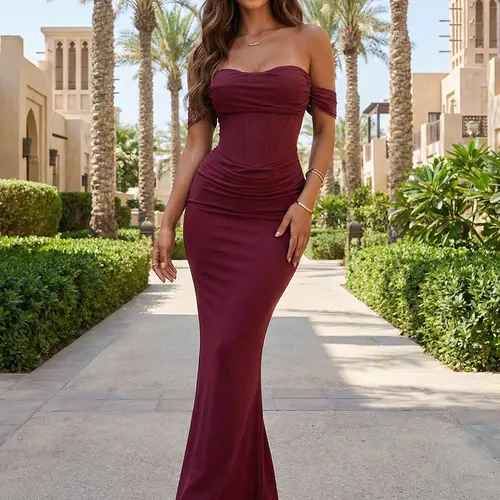 CurvySweet Clara Women's Off-The-Shoulder Corset Bodycon Ruched Mesh Maxi Dress with Built-in Supportive Bra - Formal Shapewear, Wedding Guest Dress, Tummy-Flattering Sweetheart Fall Outfit,sohochic