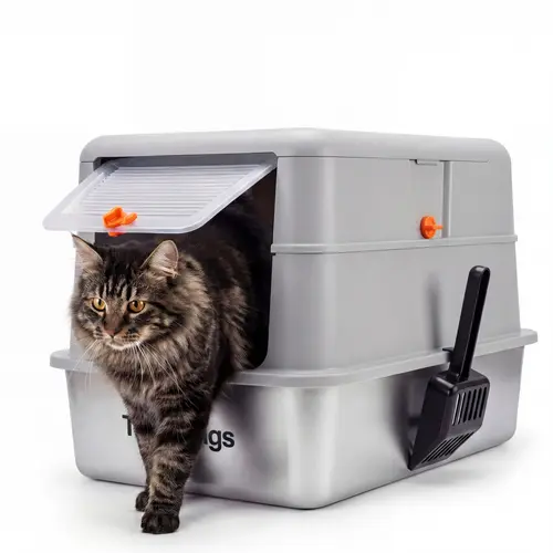 Topyangs XL Stainless Steel Lidded Litterbox - High Sides, Splash-Proof, Non-Stick Surface, Easy Cleaning for Small to Medium Cats, Closed Box with Ample Space, Single Unit