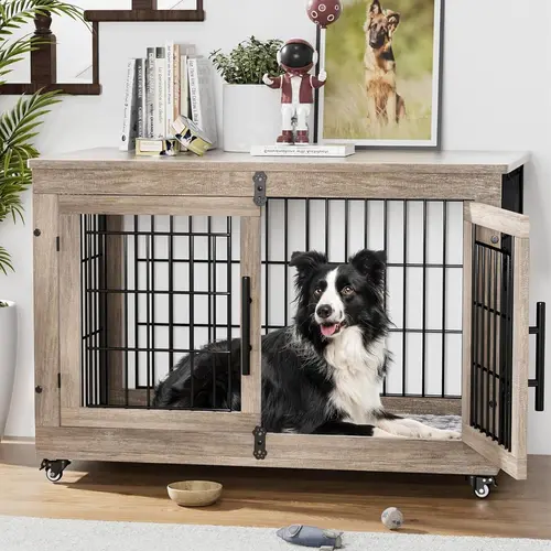Dog Crate Furniture with Soft Pad & Wheels, Dog Cage with 2 doors, Wooden and Metal Dog Kennel, 2 Size Option