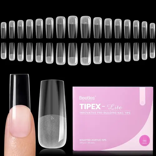 Beetles Tipex Lite Apex Nail Tips, 96/160/256/512PCS Pre-Etched Acrylic Nail Tips for Flat Nails & C-Curve Nail Beds, XS/S/M/L/XL Stiletto, Square, Almond & Coffin Nail Tips