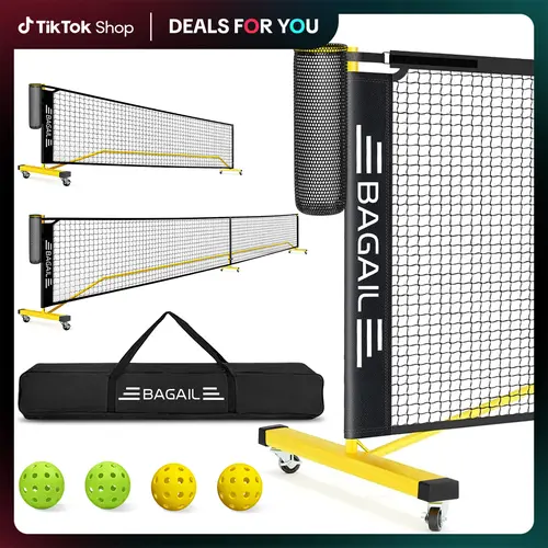 【BackToSchool】BAGAIL Portable Pickleball Net Set with Wheels, 22 FT Regulation Size & 11 FT Half Court Size 2-in-1 Pickle Ball Net with Ball Collector, Carry Bag, 4 Pickle Balls, Easy Setup for Outdoor Indoor Tennis Men Game Racket Protector outdoorfu