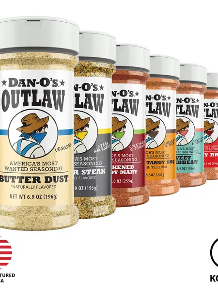 Dan-O's Outlaw 6 Bottle Combo - Butter Dust, Butter Steak, Blackened Bloody Mary, Sweet & Tangy BBQ, Sweet Caribbean, and Spicy BBQ - America's Most Wanted Seasoning for Grilling, Seafood, Cocktails and More