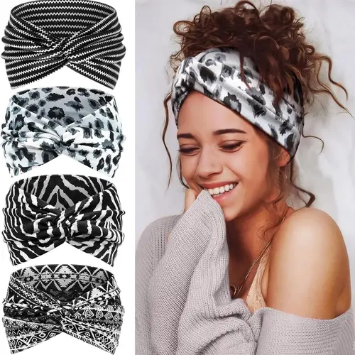 4PCS Women's Headband Elastic Non-Slip Cross Wide Zigzag Headband, Elastic Fashion Headbands, Workout Headband, Sweat-Absorbing Sweat Wicking Sports Headband, Suitable For Yoga Gym, Running, Party Occasions, Headband Set