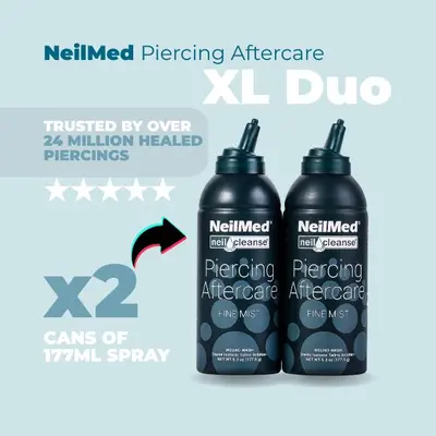 NeilMed Piercing Aftercare Sterile Saline Fine-Mist Spray Duo Pack (2x177ML Cans) - Saline Solution, Gentle Cleansing, Sensitive Skin Care, Vegan, Hydrating, Skin Repair, Nose Piercings, Pain Relief, Crust Removal Beauty Product with Water