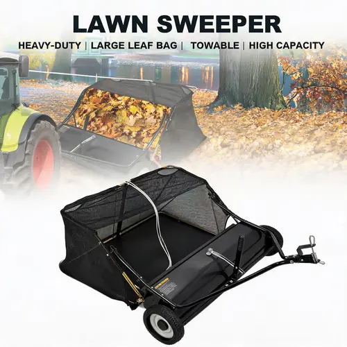 【GARVEE】48-Inch Tow-Behind Lawn Sweeper (42"-50" Adjustable), Heavy-Duty Durable Gardening Tool for Yards/Gardens, Manual Push Hand Powered Nylon Sweeper with Large Capacity, Adjustable Height, Dumping Rope, Foldable Storage for Leaf & Grass Collection,to