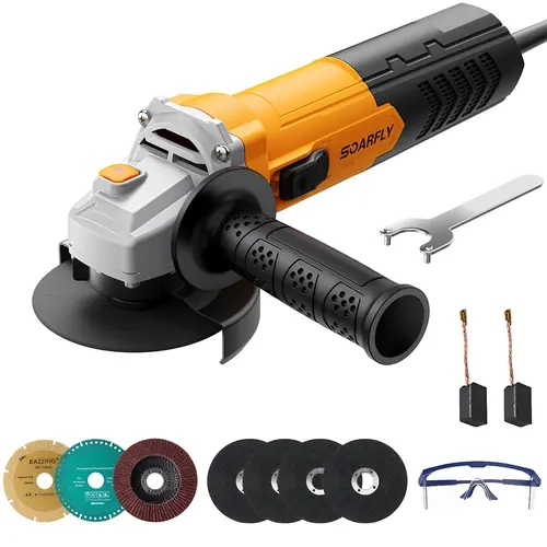 SOARFLY 4-1/2" Angle Grinder – 750W 12000RPM, Paddle Switch, Lightweight with 9 Accessories | Cutting, Grinding & Polishing Kit