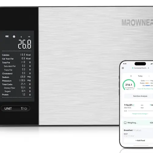 MrOwner Smart Kitchen Scale - Premium Stainless Steel Rectangular Digital Kitchen Accessory with Digital Display, Nutritional Calculator, Free App, 19 Nutrients Tracking, Track Macros for Goals, Weight Mgmt, 22lb Capacity, Grams/Oz Units
