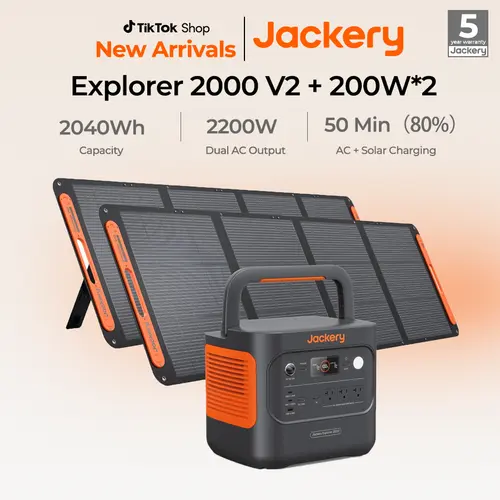 Jackery Explorer 2000 v2 Portable Power Station with 2x200W Solar Panels, 2042Wh LiFePo4 Battery, 2200W Solar Generator, 20ms UPS, USB-C PD 100W Fast Charging for Power Outages, Emergencies, Camping