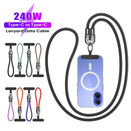 Joytutus 240W USB-C Fast Charging 3-in-1 Mobile Charger - 4ft 7mm Nylon Crossbody Neck Strap, Durable Data Sync Cable for iPhone 16/15, Samsung, Pixel, Hiking/Light Outdoor Charging Solution, Phone Accessories (Metal Black)