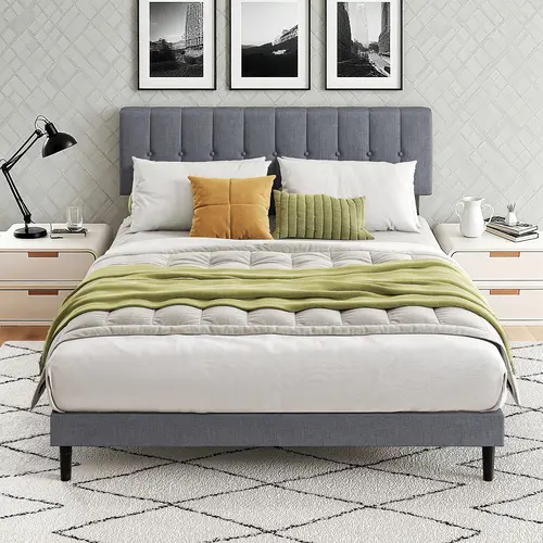Sweetcrispy Full Size Fabric Upholstered Platform Bed Frame - Sturdy Wooden Slatted, Durable, No Box Spring Needed, Modern Design, Fits 6-14" Mats, Ideal for Bedroom Decor