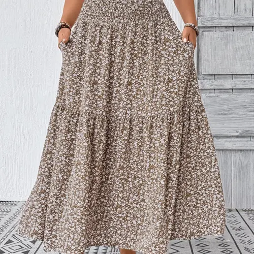 Women's Plus Size Long Skirt, Floral Pattern, High Waist, Casual Bohemian A-Type, Unlined, Plain Surface, Scs10012 Batch Number