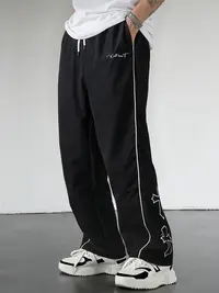 Gamis Bestie Men's Black Polyester Athletic Comfy Pants - Workout Clothes, Gymtostreet Wear, White Side Stripes, Embroidered Flair, Drawstring Straight Leg, All Seasons for Casual, Gym Use