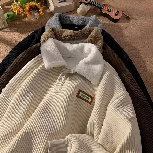 2026 NEW Corduroy Polo collar sweater couple autumn and winter style plus velvet thickened simple fashion lamb wool coat Comfort Long Sleeve