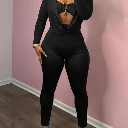 DOUCIU Autumn Street Personality Basic Solid Color Sports Casual Tight Sexy Hot Women'S Thin Long Sleeve Hollow Metal Decoration Body Shaping Jumpsuit Trousers Bodysuits