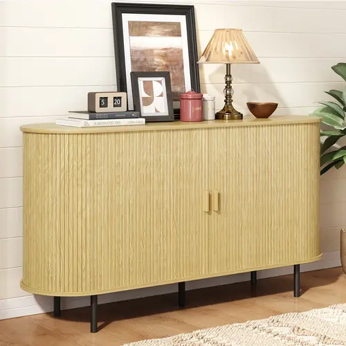 【SohoChic】ONBRILL 55" Sturdy Modern Wood Farmhouse Sideboard Storage Cabinet - Slim Sofa-Side Fit, Rounded Edge Safe, 2 Drawers, Sliding Doors, Adjustable Shelf, Wall-Fixer Security for Hallway, Living Room (Assembly Required)