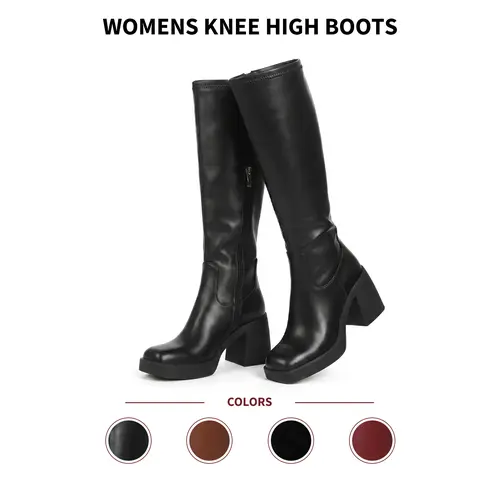 VIMISAOI Women Knee High Boots Square Toe Chunky Block Heel Side Zipper Classic Modern Grunge Chic Everyday Style Office Work Date Party Dress Shopping Travel Business Casual Streetwear Tall Long Y2K Stylish Fashion Boots Shoes Tiktok Shop Back To School