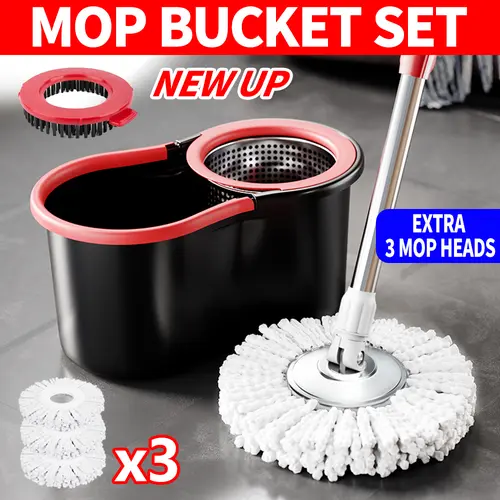 Mop And Bucket Set with 360° Rotatable Mop 3 Microfiber Heads 61-Inch Adjustable Handle Efficient Easy Home Cleaning Supplies