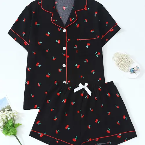 Women's Cute Cherry Print Short Sleeve Pajama Pjs, Pajamas Casual Home Loungewear, Casual Comfortable Pocket Lapel Shirt & Elastic Waist Shorts Nightwear Pajama Set, Ladies Sleepwear for All Seasons, Loungewear, Shorts Pyjama Set