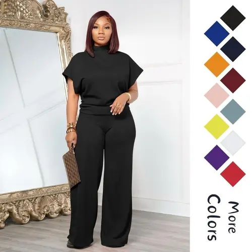 USBoutique Chic Women Summer Lightweight And Silky Soft Set Two Piece Casual Set Short Sleeved Semi High Neck Loose Top Wide Leg Pants Set