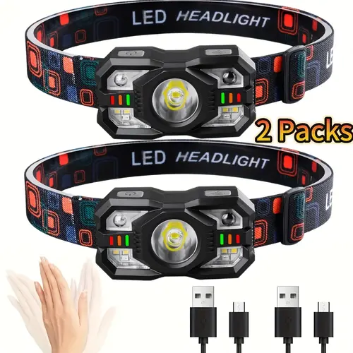 ADLIGH LED Headlamp (2 Packs) - Headband, 1200 Lumens, 300m Adjustable Beam, Motion Sensor, 8 Light Modes, USB Rechargeable, 0-45° Tilt, High-Power Portable Flashlight, 10+hr Low Mode, Compact Home Improvement Emergency Prep Tool,sohochic
