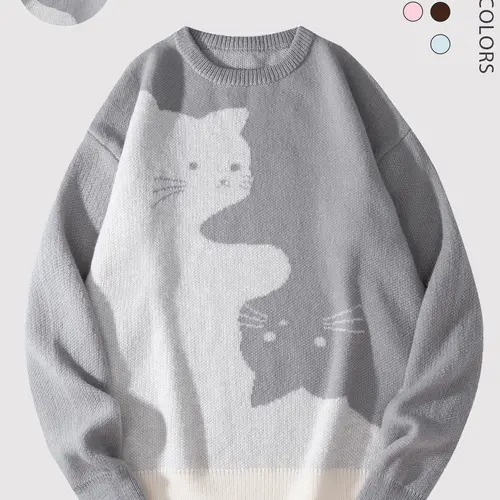 Men's Knitted Baggy Long-Sleeve Round Neck Cat Print Sweater - Soft Polyester Fabric, Autumn/Winter Work Office Casual Tops, Ideal Gift, Whimsical Cartoon Streetwear,sohochic