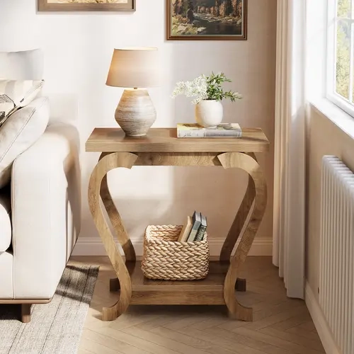 LITTLE TREE End Table, Narrow Wood Side Table with Storage Shelves, 2-Tier Bedside Accent Furniture for Living Room, Small Spaces, Bedroom
