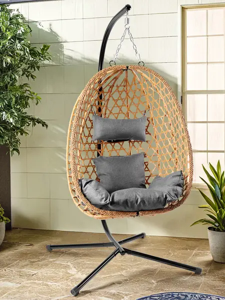【Summergarden】Rattan Egg Hanging Chair - Comfortable, Practical Home Chair with Soft Cushion, Rustic Rattan Adds Boho Warmth, Load Bearing, Easy Install, Outdoor Patio Furniture for Balcony